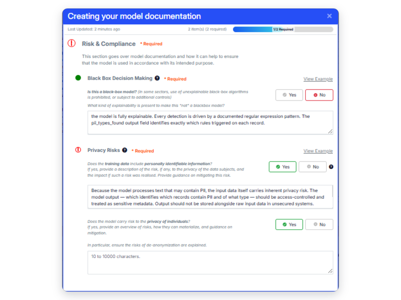 Model documentation workflow covering risk and compliance, black box decision making, and privacy risks