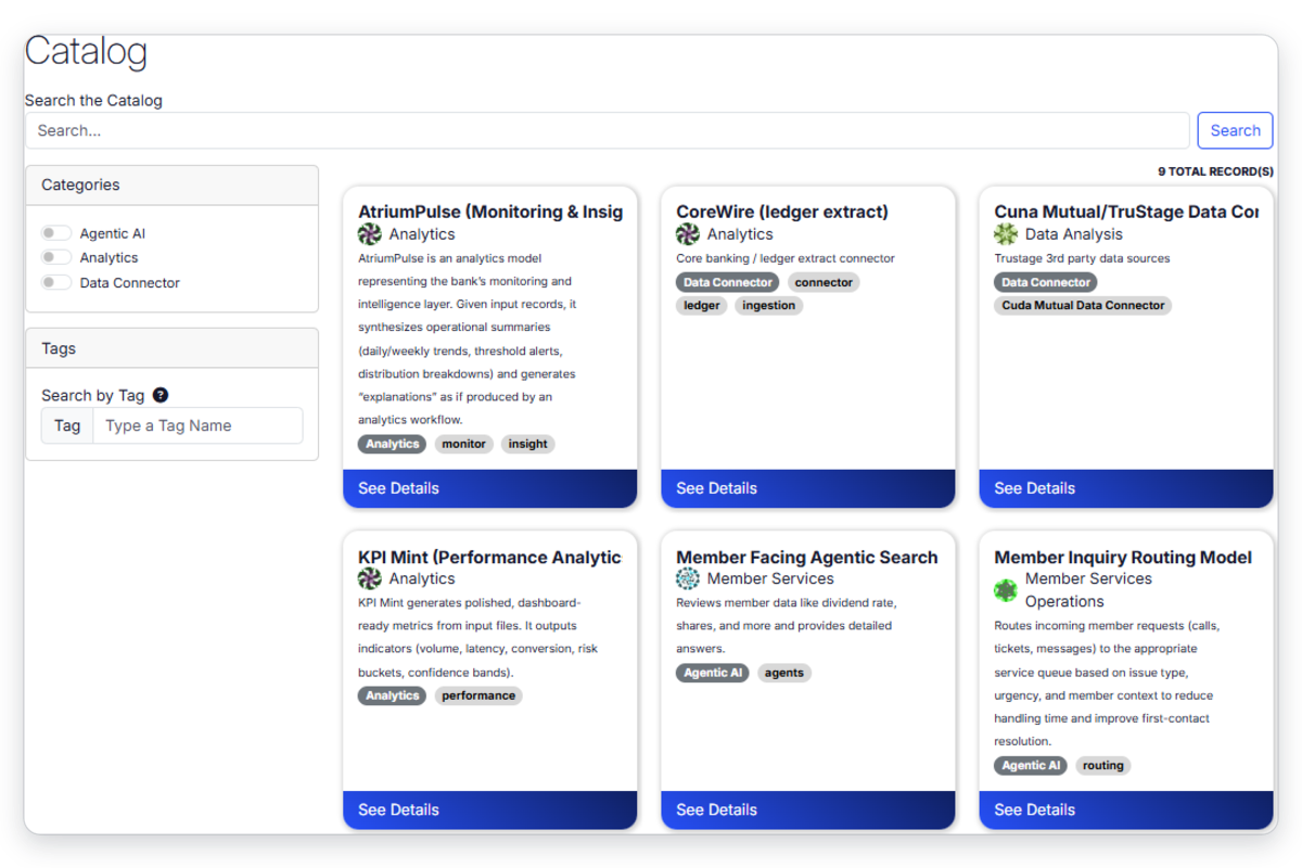 Searchable public catalog of governed AI models and connectors filtered by category and tag